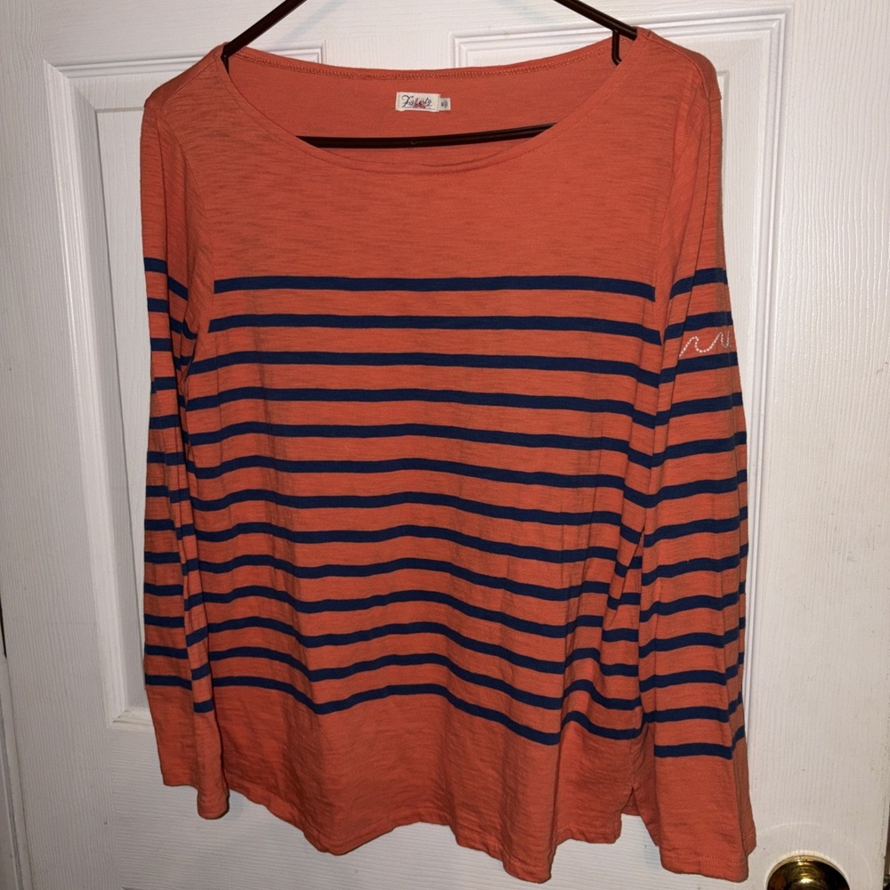 Faherty M Orange Blue Breton Stripe Tee Embroidered Sleeve Cotton Knit Top